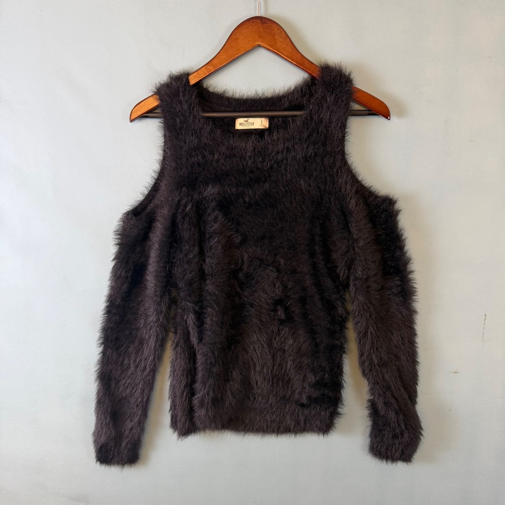 Crazy Hollister Women's L Y2K Black Nylon Fuzzy Cold Shoulder Sweater